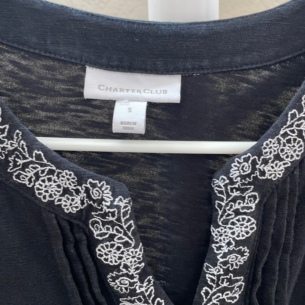 Charter Club White Embroidered black Long Sleeve Blouse